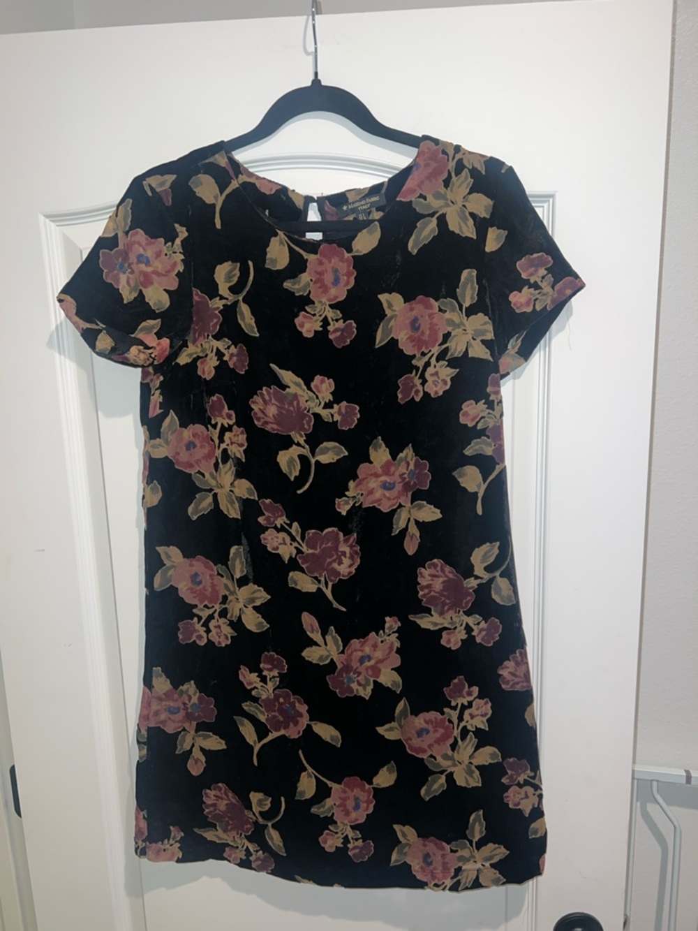 Massimo Fabbro Italy black floral velvet dress vintage mauve flowers size 6